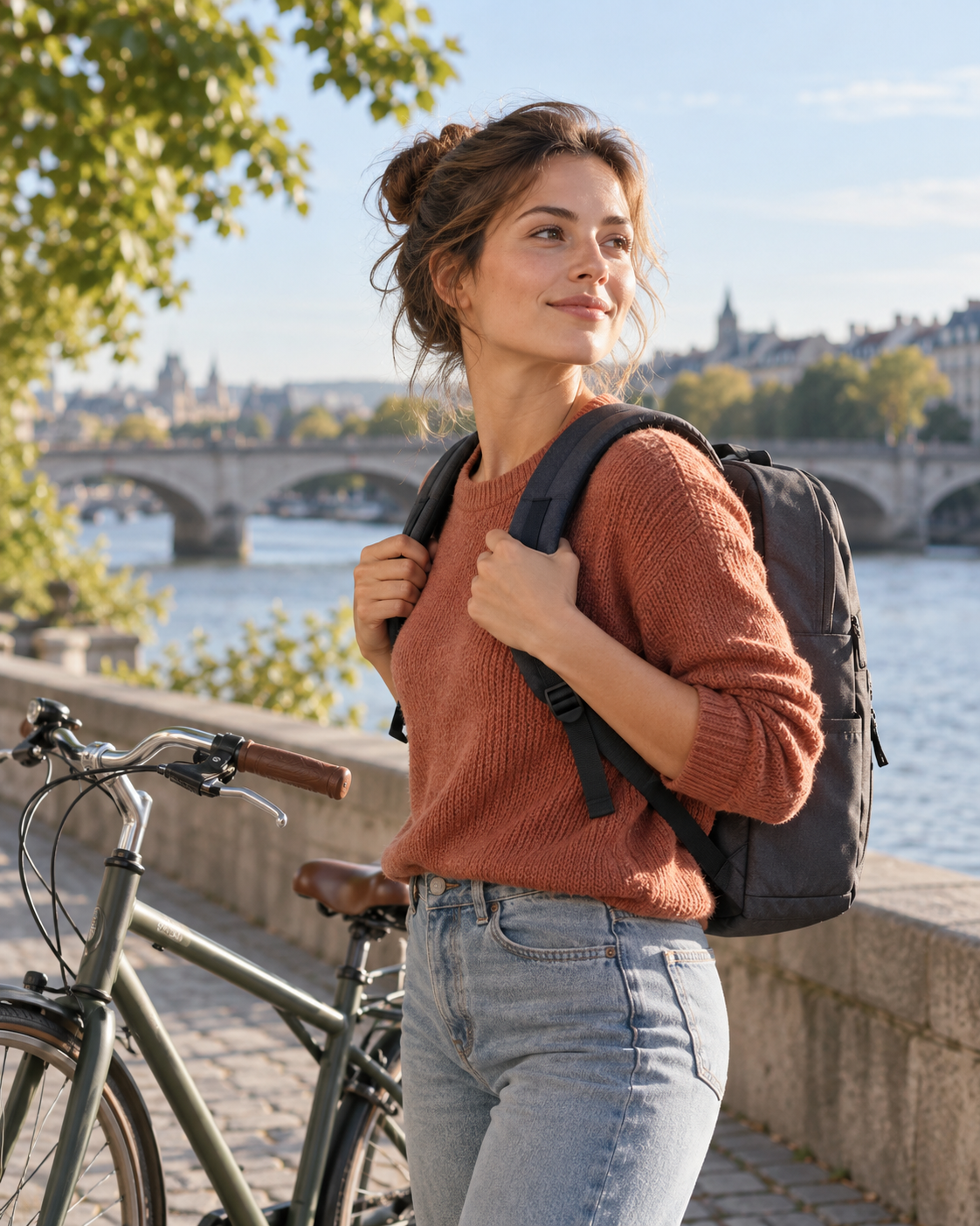 Personne près d’un vélo ajustant les bretelles d’un sac à dos générique